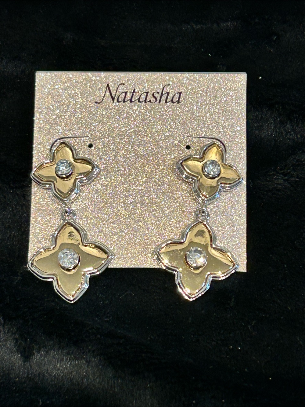 Natasha Couture Two-Tier Gold Flower Drop Earrings with Clear Stones